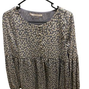 Zara Boho Blouse, Floral Peplum Chiffon Button front, Long Sleeve, Peasant top.